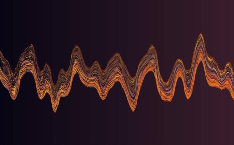 A vibrant, abstract waveform undulates across a dark background