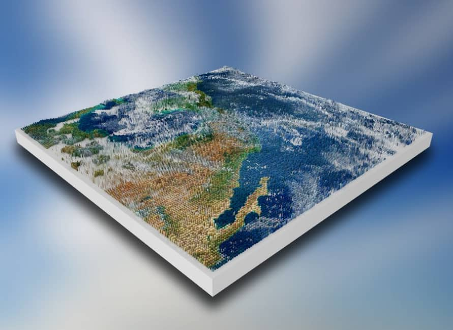 A 3D-rendered map with varying terrain and water bodies